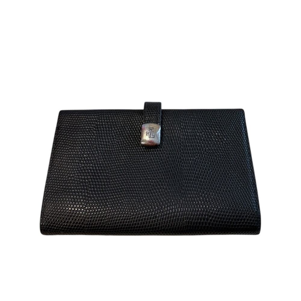 Ralph Lauren Small Black Textured Leather Wallet Bifold Silver Logo Snap Closure